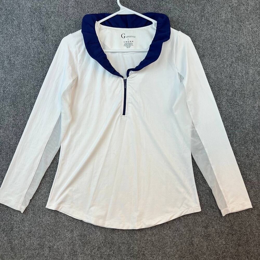 G Lifestyle Women Activewear Top Long Sleeve Half Zip White Blue Size
